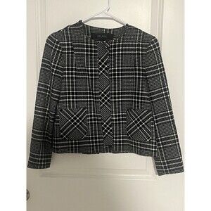 EUC ZARA Basics Collection Dark Navy Plaid Collarless Blazer Jacket Size XS